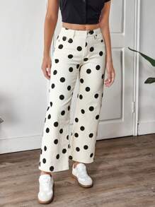 EMERY ROSE Winter Plus Size Women's Fashion Polka Dot Print Straight Leg Jeans - Black and White - View 4