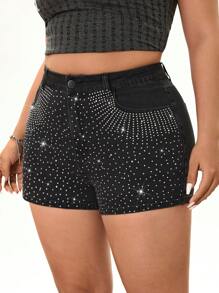 Rina Fox Quần short denim bó sát đính đá thời trang thiết kế túi cỡ lớn cho nữ - màu đen - Xem 4