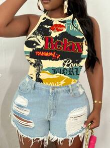 Slaydiva 大码女式休闲基本款修身复古节日海报图案露肩吊带背心女式图案背心女式图案T恤女式背心夏季女式外出服装 - 彩色 - 查看 4