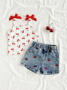 SHEIN Vintaside Kids Baby Girls Fashionable Cherry Print Strap Vest And Shorts Set, Embroidered Pattern Cherry Baby Outfit - Multicolor - View 1