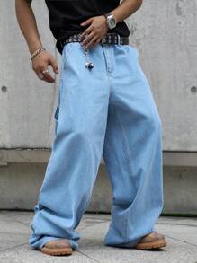 Manfinity EMRG 大码男士口袋宽松阔腿休闲牛仔背带裤 - 中等水洗藍 - 查看 4