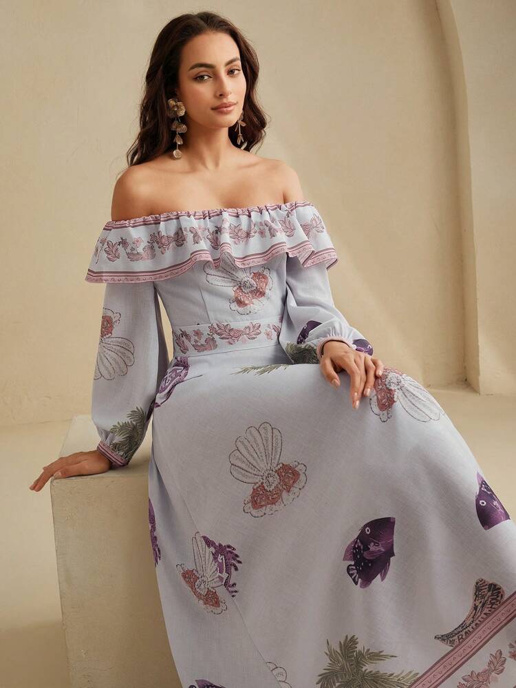 Women's Lantern Sleeve Off Shoulder Boho Style Floral Print Maxi Dress