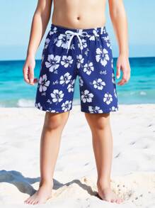 小男孩优雅芙蓉印花抽绳腰沙滩短裤，家庭装妈妈和我（单独出售）