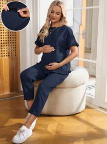 SHEIN Maternity Two Pieces Suits Summer Brunch Outfits For Women Ruffle - Navy Blue - View 1