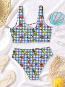 Tween Girls Casual Minimalist Colorful Tropical Fruit & Check Pattern Spaghetti Strap Tank Top & Briefs Swimsuit Set, Suitable For Summer - Multicolor - View 2