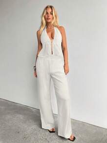 Aloruh 女式纯色深 V 领露背上衣和性感长裤两件套