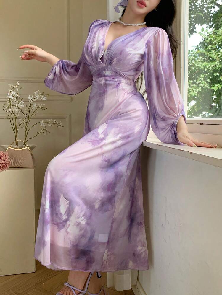 French Retro Gradient Elastic Mesh Women's Dress Maxi Dress