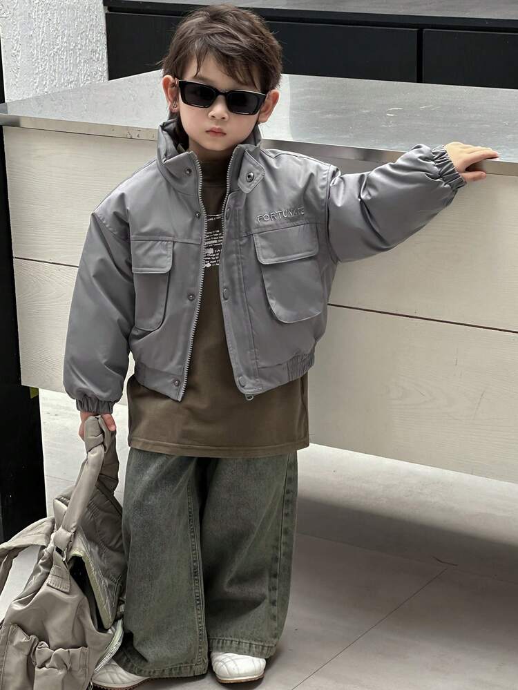 Little Boys' Street-Style Solid Color Korean Short Padded Coat With Multiple Pockets, Winter