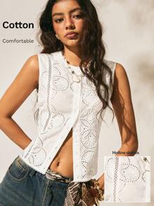 2025 Summer Easelle Vest Pattern Open Button Holiday Style Tops Lace Button Vest Seaside White Linen Pants Women Holiday Outfits - White - View 3