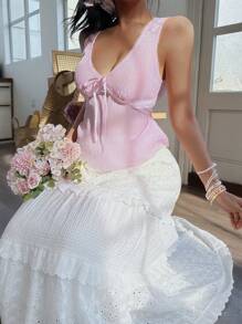 Jouncy 女士休闲纯色蕾丝边无袖粉色背心，夏季，生日礼物 - 粉色 - 查看 6