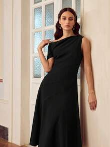 ZEYLAH Women Elegant Solid Color Asymmetric Neck Dress - Black - View 6