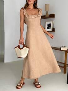 SHEIN Frauen, Frühling, Sommer, knöchellange Länge, Rüschen-Ausschnitt, Boho-Kleid, niedlich, tiefer Rückenausschnitt, regular Passform