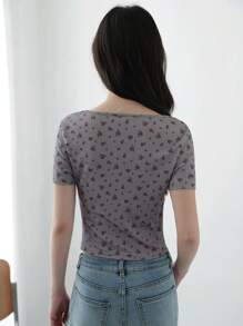 K-Vae Women's Summer Gray Floral Casual T-Shirt, Floral Print T-Shirt, Round Neck Tight Elastic Short Sleeve Cropped T-Shirt - Grey - View 2