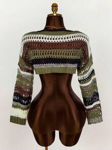 Amplova Áo len crop vai trễ vai họa tiết sọc, áo dài tay - Nhiều màu - Xem 2