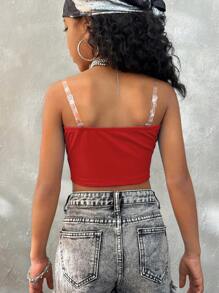 Coolane Kids 青少年女孩春夏街头服饰 Y2K 必备腰果花图案紧身衣抹胸上衣，返校季 - 紅色 - 查看 5