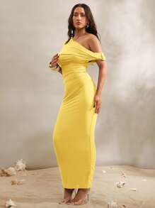 Silquee 女士纯黑色性感优雅不对称肩部甜美荷叶边紧身连衣裙，适合海滩度假、姐妹聚会、外出、春假、泳池派对、欧洲度假、比基尼罩衫、节日装、小屋派对 - 黃色 - 查看 7