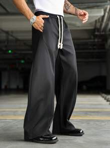 Manfinity EMRG Men's Black Pants, Deconstructed Split Knife Leg Casual Pants, Comfortable Relaxed Fit - Black - View 5