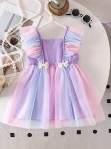 SHEIN 女婴夏季韩版修身可爱粉色雪纺拼接彩色网纱荷叶边蝴蝶结装饰连体连衣裙 - 紫色 - 查看 1