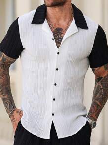 Manfinity Homme 男士拼色单排扣休闲短袖衬衫，夏季 - 白色 - 查看 7