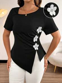 Vionelle 大码女童休闲3D花朵褶饰腰部收紧不对称开衩短袖T恤 - 黑色 - 查看 4