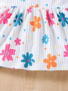 SHEIN 年輕女孩花卉印花菱格紋圓領短袖上衣和短褲夏季套裝 - 白色 - 查看 7