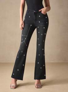 SHEIN Essnce 女士牛仔裤 - Selenza 星座系列，优雅系列，金牛座刺绣图案，优雅通勤休闲装，星空图案，治愈系，意志坚强，热情，友善，有责任感 - 藍色 - 查看 3