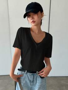 DAZY 宽松短袖V领女士T恤夏季 - 黑色 - 查看 5