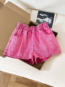 Comfortcana Women Casual Street Chic Solid Elastic Waist Washed Denim Shorts, Summer,Vacation,Going Out Shorts,Vacation,Cute Shorts,Streetwear,Funny Shorts,Country,Beach, Back To School Pink Shorts