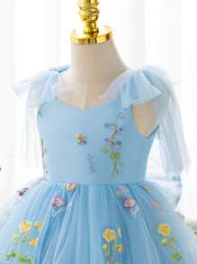 SHEIN Glamorique Kids Váy lưới tuyn thêu nơ cho bé gái, màu xanh lá cây, dành cho lễ Phục sinh, phù dâu, tiệc sinh nhật, đám cưới, ngày lễ, biểu diễn, chụp ảnh, phù hợp với mọi mùa - Màu xanh lam - Xem 5