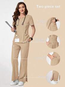 TaskEZ Solid Color Notched Neck Short Sleeve Top And Pocket Shorts Scrub Uniform Set - Khaki - View 1