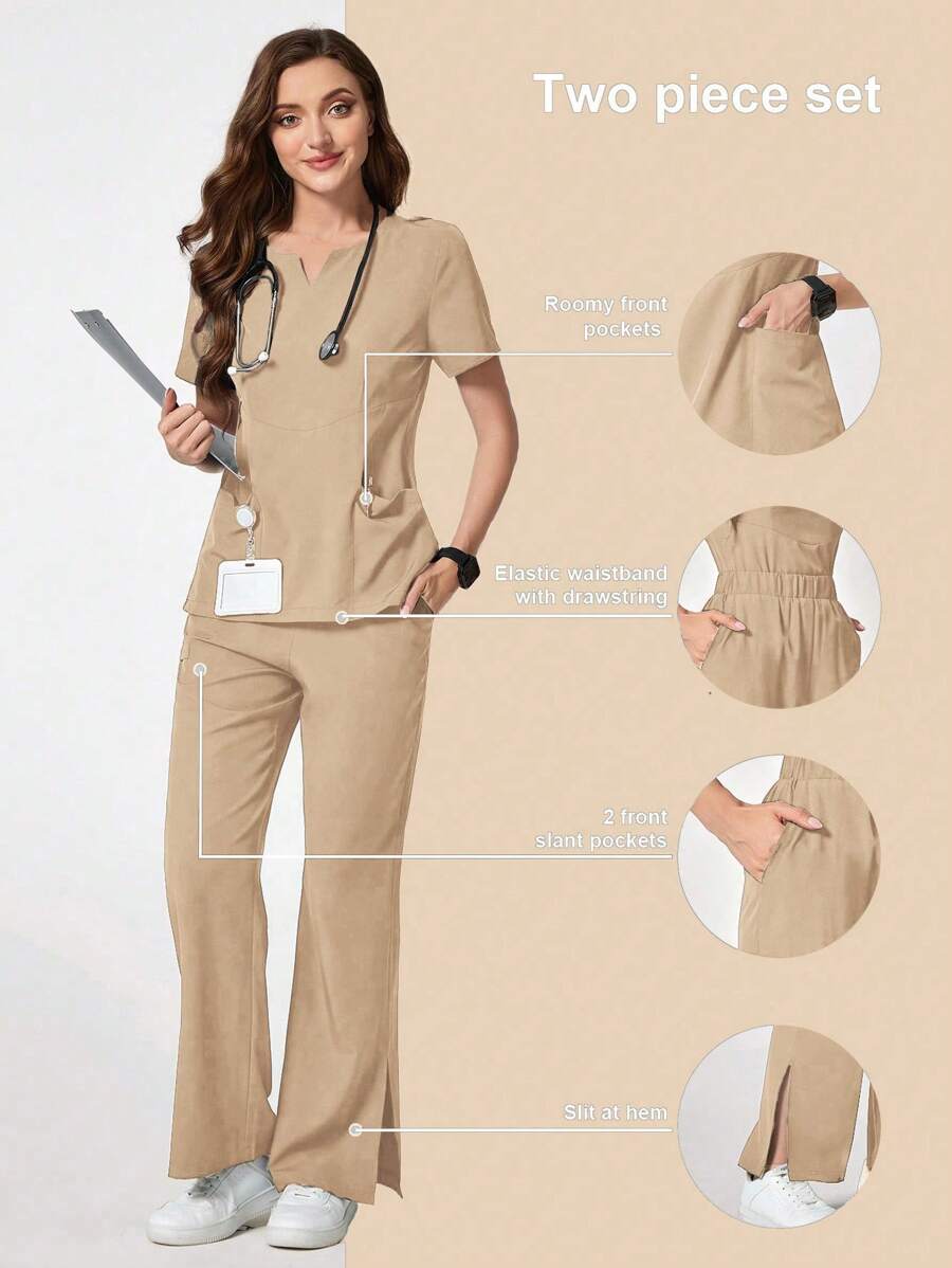 TaskEZ Solid Color Notched Neck Short Sleeve Top And Pocket Shorts Scrub Uniform Set - Khaki - View 1
