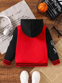 Young Boy Letter Print Patchwork Hooded Jacket, Cool , Autumn Winter Varsity Jacket - Multicolor - View 2
