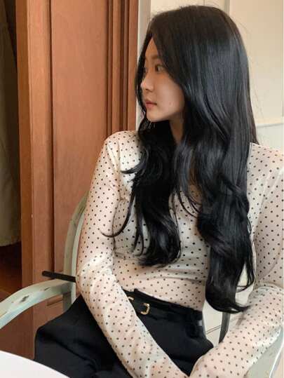 DAZY 女士波尔卡圆点半透视长袖圆领打底上衣，春夏