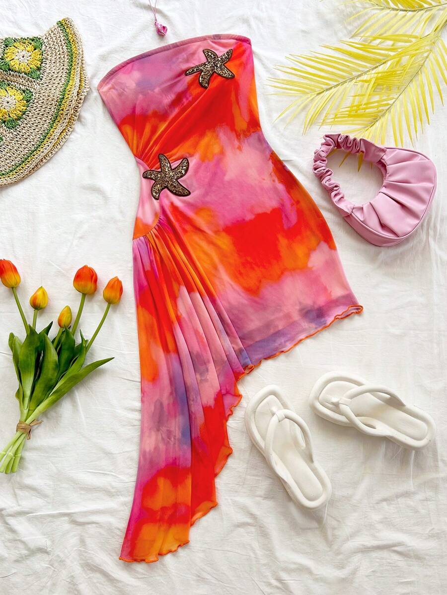 Soleia 女士扎染热带岛屿假日露肩褶饰荷叶边海星装饰海滩迷你连衣裙，休闲度假、约会、下午茶、海滩、游轮、公路旅行、音乐节、派对、波西米亚风 - 亮橙色 - 查看 1