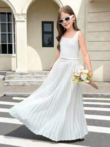 SHEIN 青少年女孩休闲法式优雅方领罗纹针织背心和百褶裙两件套，返校装，母子装 - 白色 - 查看 4