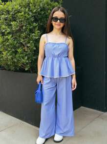 2 件套青少年女孩条纹图案吊带背心，配有松紧腰直筒裤套装，夏季休闲工作服 - 藍色 - 查看 1