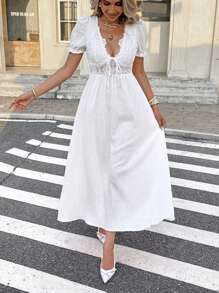 Serisse 女士棉质深V领蕾丝拼布露背连衣裙，优雅休闲度假连衣裙，派对连衣裙 - 白色 - 查看 5