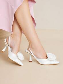 MOTF PREMIUM POINTED-TOE ROSE DECOR ELEGANT LADIES HIGH HEEL PUMPS SPRING SHOES - White - View 5