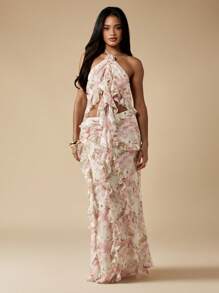 MISSGUIDED 花卉印花露背夏季衬衫，带褶饰，海滩度假晚会婚礼宾客上衣 - 彩色 - 查看 3