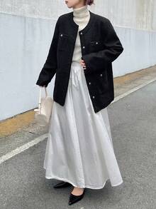 FRIFUL 女士前开襟纯色长袖圆领宽松秋冬外套粗花呢夹克女式衬衫式外套女式超大款外套圈圈呢夹克 - 黑色 - 查看 2