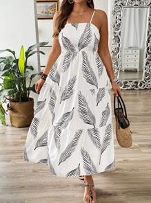 SHEIN Clasi Plus Size Holiday Style Leaf Printed Pleated Cami Dress Maxi Women Outfit - White - View 1
