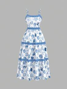 SHEIN MOD Vestido de talla grande con bloque de color, ribete de encaje y estampado de animales oceánicos - Azul y blanco - Ver 1