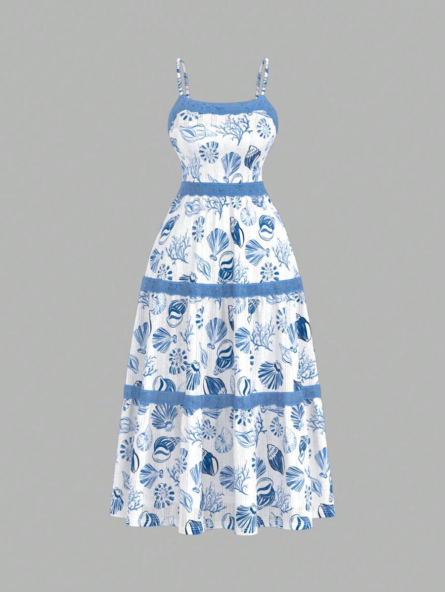 SHEIN MOD Vestido de talla grande con bloque de color, ribete de encaje y estampado de animales oceánicos - Azul y blanco - Ver 1