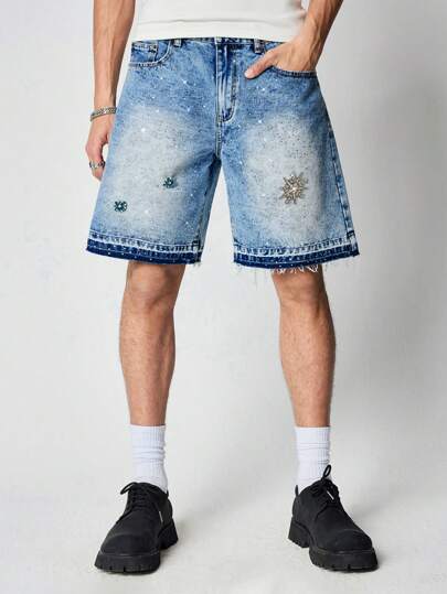 Street Life Pantalones cortos vaqueros de corte holgado con bolsillos de pedrería para hombre