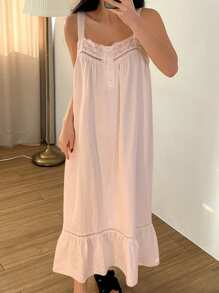 DAZY Camisón de dama de encaje con parches, tirantes anchos, volantes en el bajo y unicolor - Rosa - Ver 3