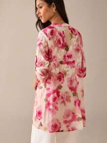 Lilora 女士花卉印花缺口领休闲度假短袖衬衫都市风格浪漫优雅不对称下摆上衣都市休闲、浪漫优雅、外出 - 杏色 - 查看 6