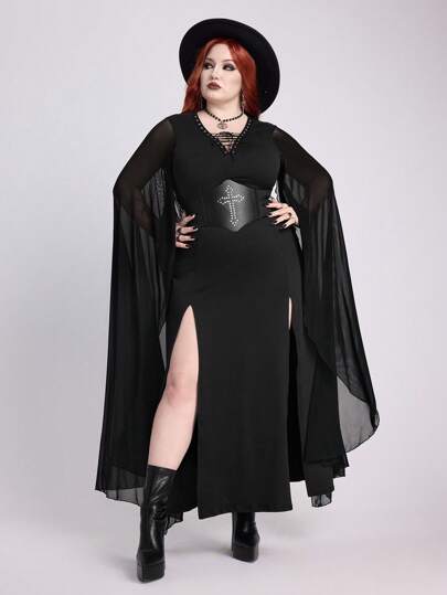 EDITION Vestido largo de verano de talla grande para mujer con mangas campana anchas y abertura alta, estilo gótico de vacaciones