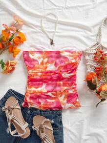 SHEIN VCAY Knitted Mesh Printed Tight Fitting Top For Women, Knitting Graphic Printed,Elegant Summer Vacation Woman,Bohemia Beach Vacation,Boho Chic,Country Concert,Holiday Festival,Beach,Old Money Style Women,Tube Top,Graduation,Vacation Style,Casual Summer Vacation Woman