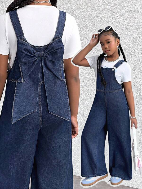 Tween Girls Fall/Winter Stylish Y2k Fashionable Soft Cute Bowknot Loose Fit Baggy Navy Blue Denim Jeans Overalls Jumpsuit,For Tween Girl Clothes Girls Costume Dailywear Four Seasons Clothes ,Girls Streetwear Outfit And Back To School Clothes
