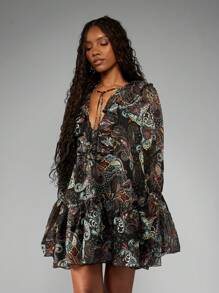 MISSGUIDED 佩斯利印花雪纺迷你连衣裙波西米亚秋季节日长袖荷叶边 V 领农家风格派对连衣裙 - 彩色 - 查看 4